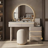 Zama Home Store modern luxury black vanity desk styled in a sophisticated bedroom with deep green walls.