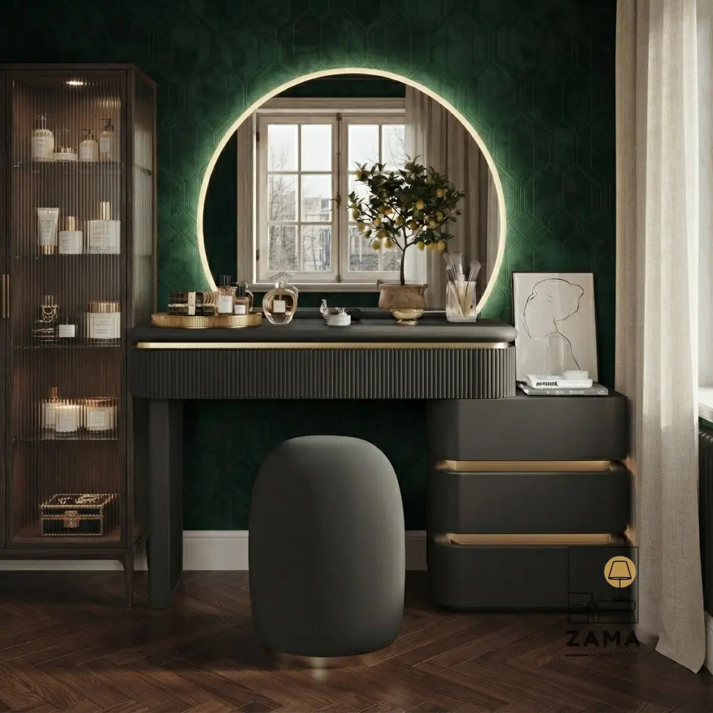 Wide-angle view of contemporary black makeup vanity with lighted mirror and stool in a high-end bedroom setting.
