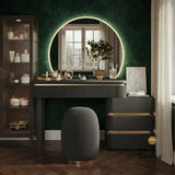 Wide-angle view of contemporary black makeup vanity with lighted mirror and stool in a high-end bedroom setting.