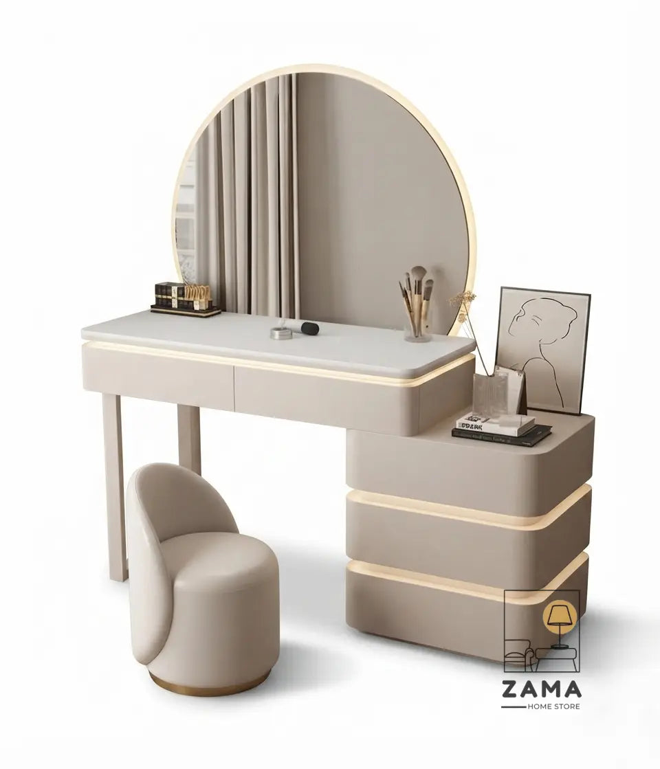 Detailed view of fluted drawer front and gold trim on the modern black vanity desk.