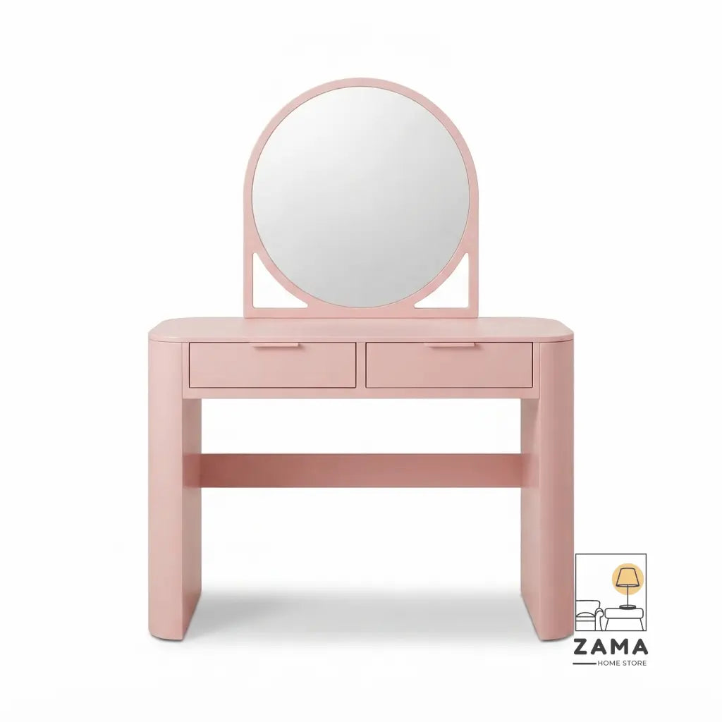 Front view of a contemporary pink dressing table featuring dual drawers and soft rounded edges.