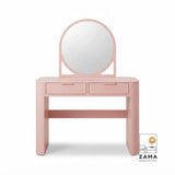 Front view of a contemporary pink dressing table featuring dual drawers and soft rounded edges.