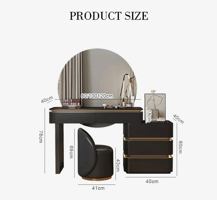 Product size and dimension chart for the Nova Tiered Vanity by Zama Home Store, showing measurements for the desk, drawers, mirror, and matching stool.