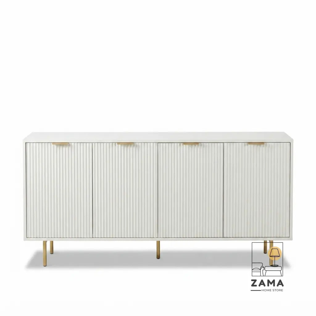 Studio shot of the 4-door Quinn white fluted sideboard with gold hardware on a plain background.