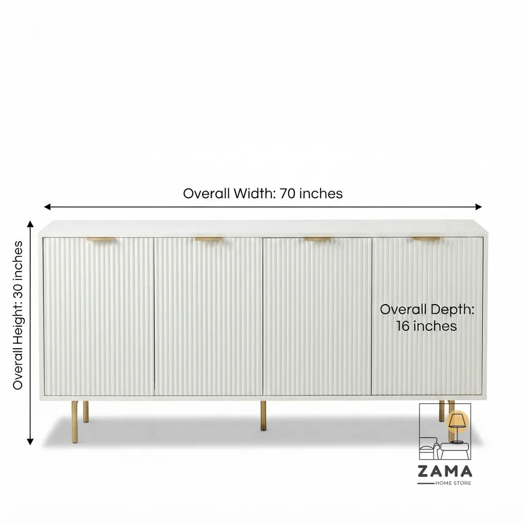 Dimensions diagram of the Quinn white fluted sideboard showing width, height, and depth measurements.