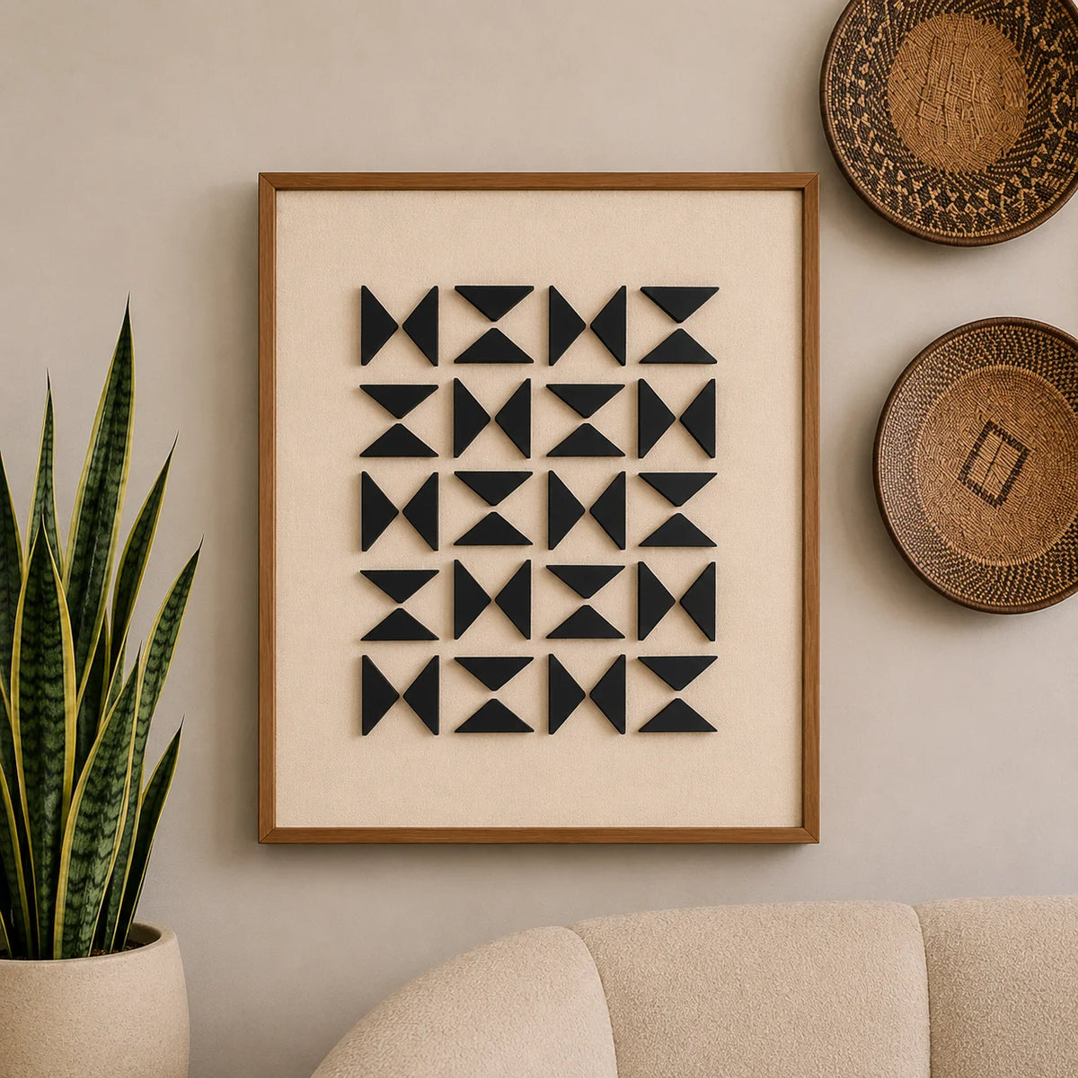 RIDGE Wall Art with black geometric shapes on linen, styled in a living room.