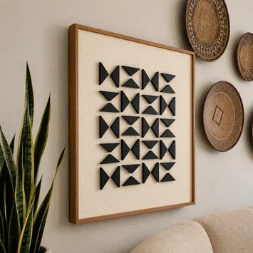 RIDGE wooden wall panel featuring raised black triangles on a neutral background.