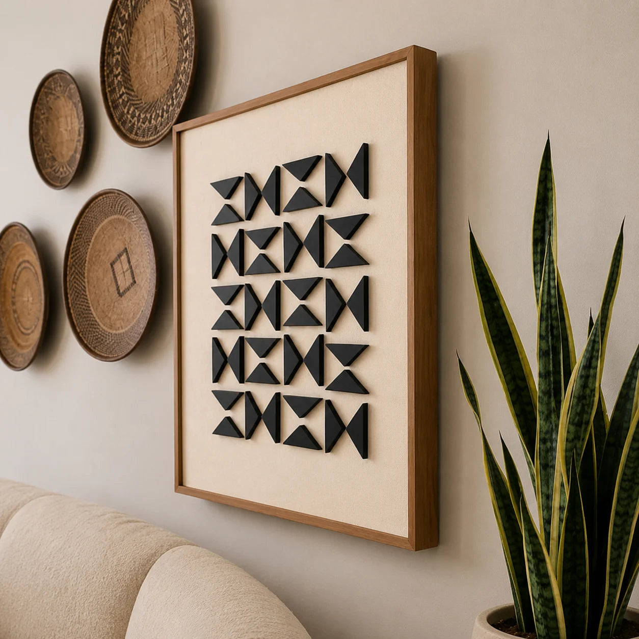 Textured oak framed RIDGE wall art showing 3D shadows next to a snake plant.