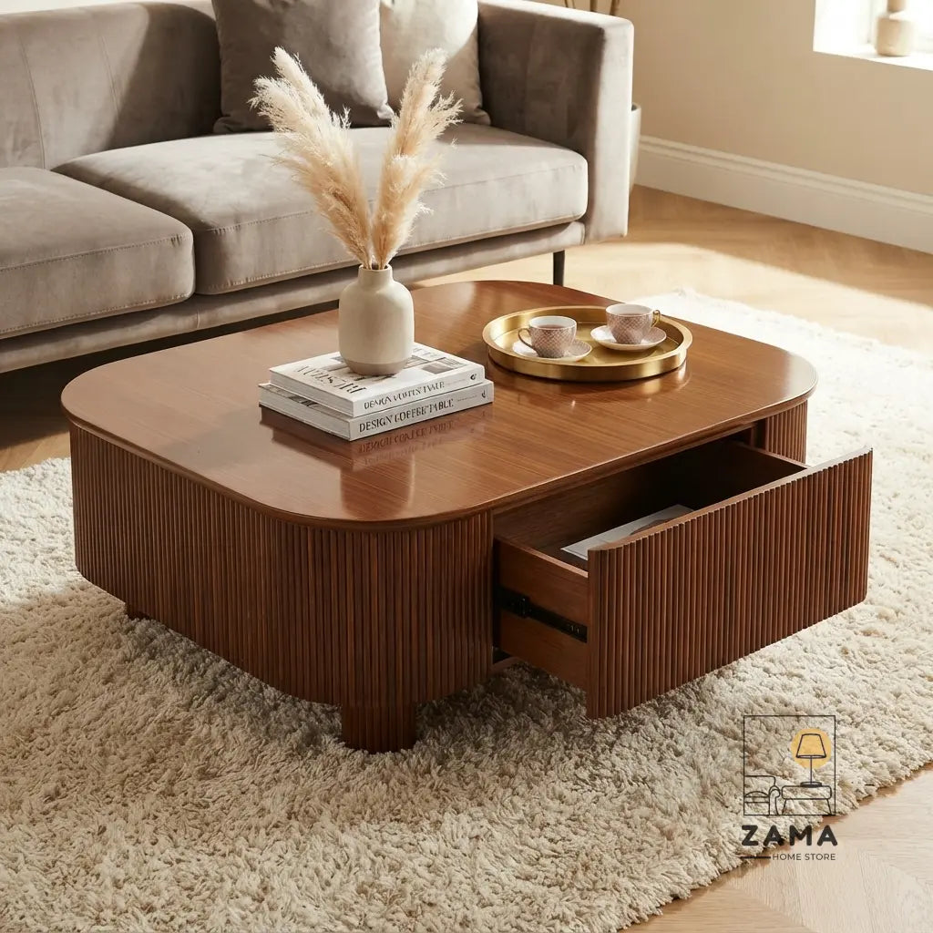 Modern wooden center table with fluted design, open storage drawer, and decor on a plush rug in a living room