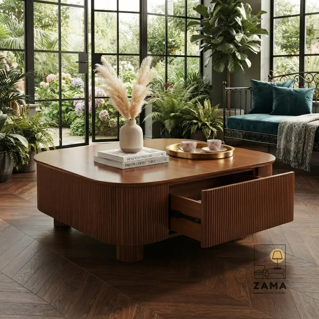 Contemporary square coffee table with ribbed wooden texture and pull-out drawer styled in a sunlit plant-filled lounge