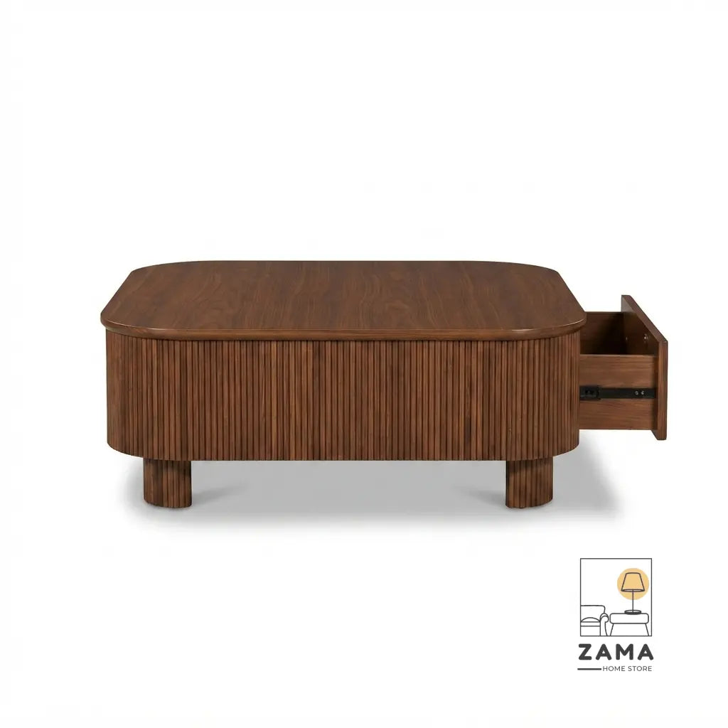 Studio product shot of a dark wood ribbed center table featuring a convenient sliding storage drawer against a white background