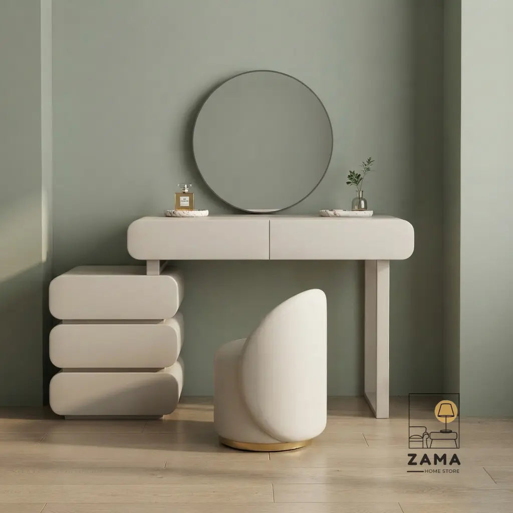 Modern cream curved vanity table set with integrated round mirror and matching upholstered stool, perfectly centered in a luxury dressing room with warm wood paneling.