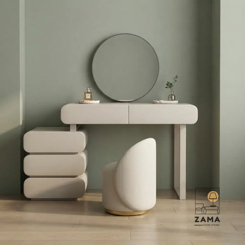 Modern cream curved vanity table set with integrated round mirror and matching upholstered stool, perfectly centered in a luxury dressing room with warm wood paneling.