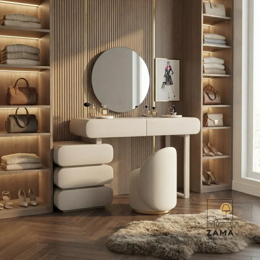 High-end vanity station for walk-in closets, showcasing a clean makeup desk, integrated mirror lighting, and elegant organization of cosmetics and perfumes on a rustic wooden floor.