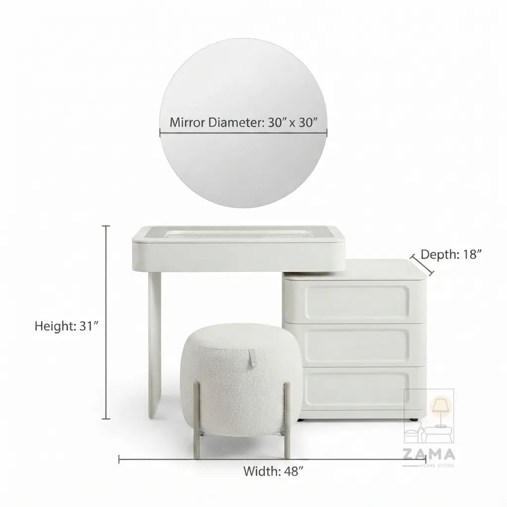 Strata Modular Vanity technical drawing showing dimensions: 31 inch height, 48 inch width, 18 inch depth, and 30 inch round mirror.