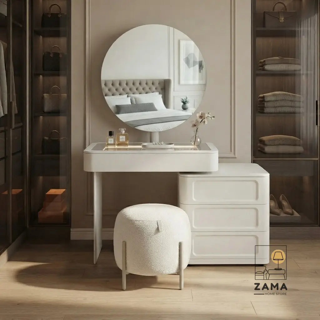 Strata Modular Vanity styled in a luxury walk-in dressing room with a glass-top display, drawers, and matching boucle stool