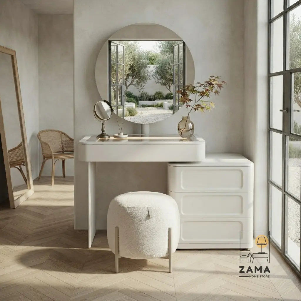 Strata Modular Vanity placed in a sunlit minimalist room featuring a round mirror reflecting an outdoor courtyard view.