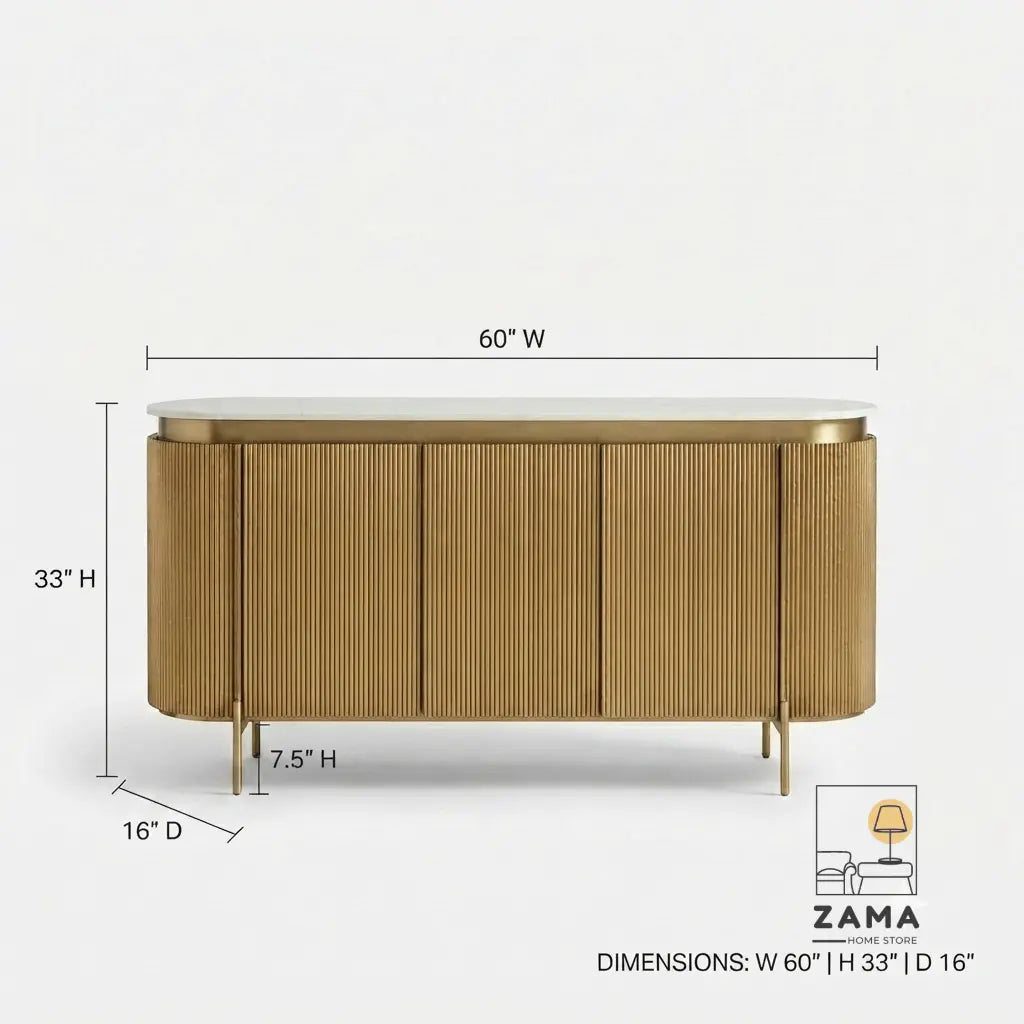 Technical drawing showing dimensions of the 60 inch fluted console table.