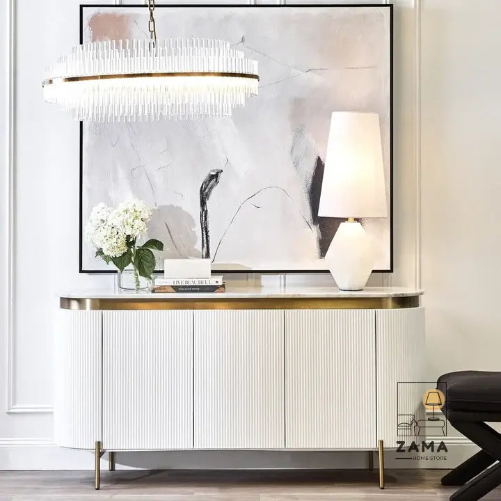 Contemporary white entryway console table styled underneath large abstract wall art.