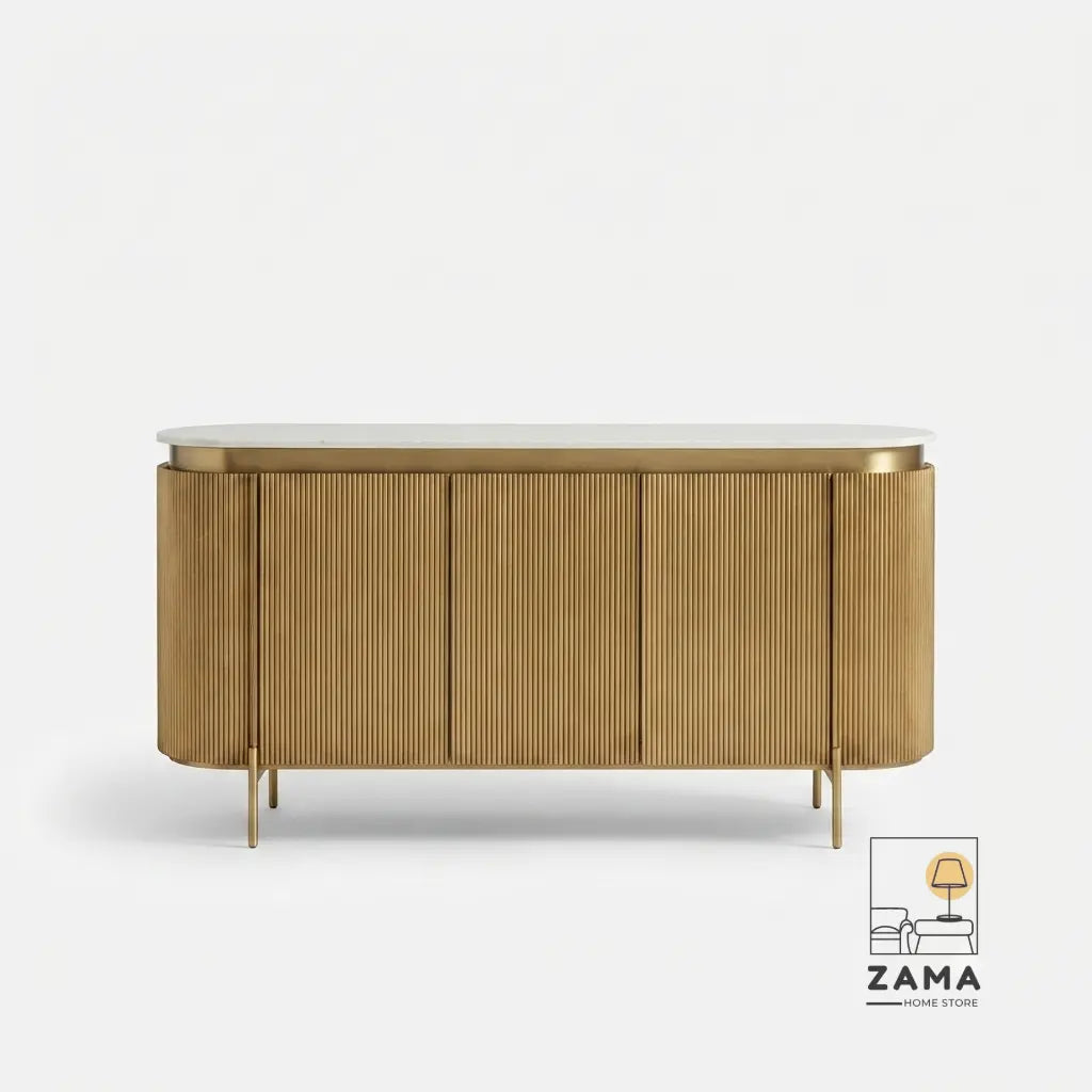 Studio shot of the gold and white Vesper fluted console table on a white background.
