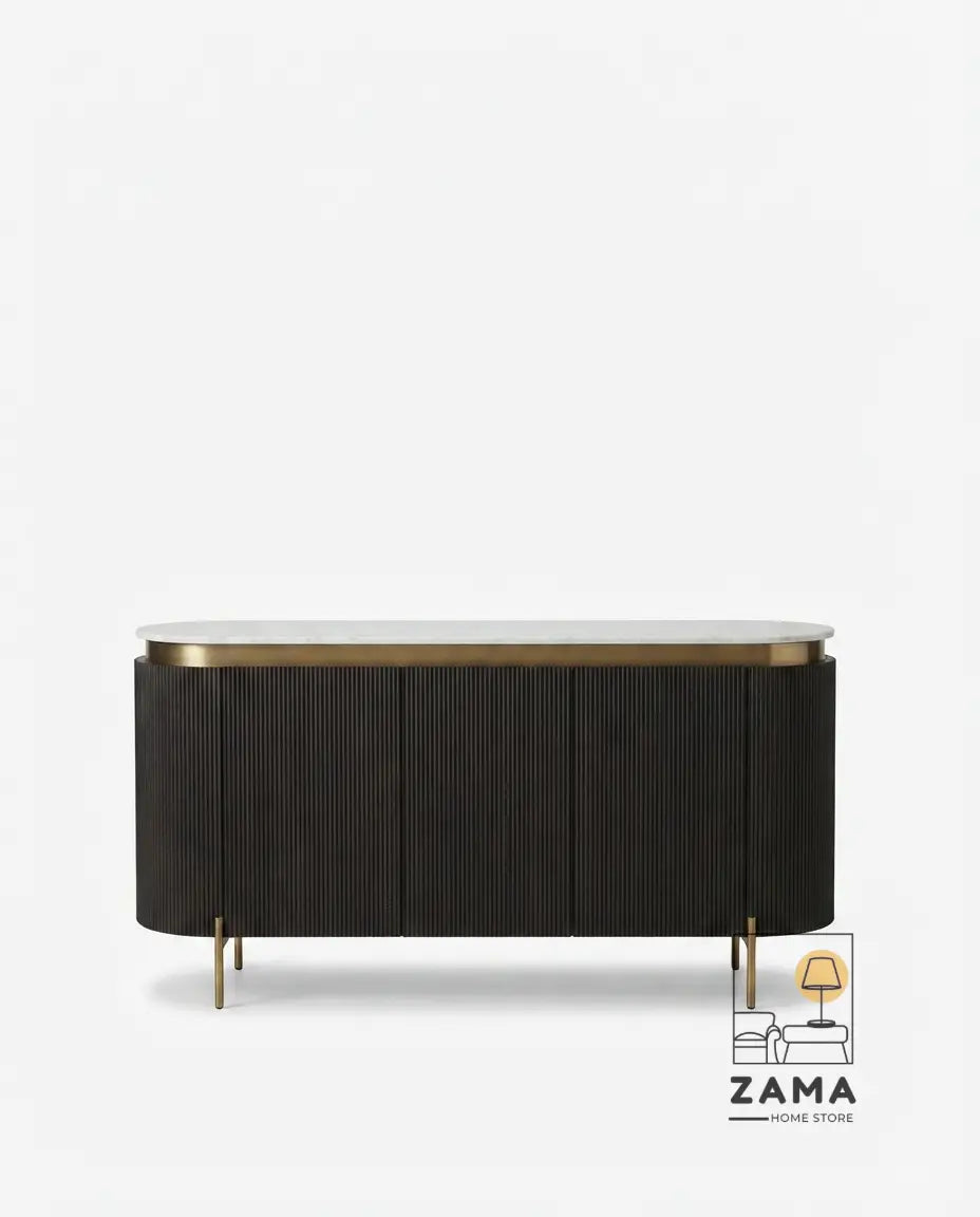 Studio product photography of the black and brass fluted sideboard cabinet.