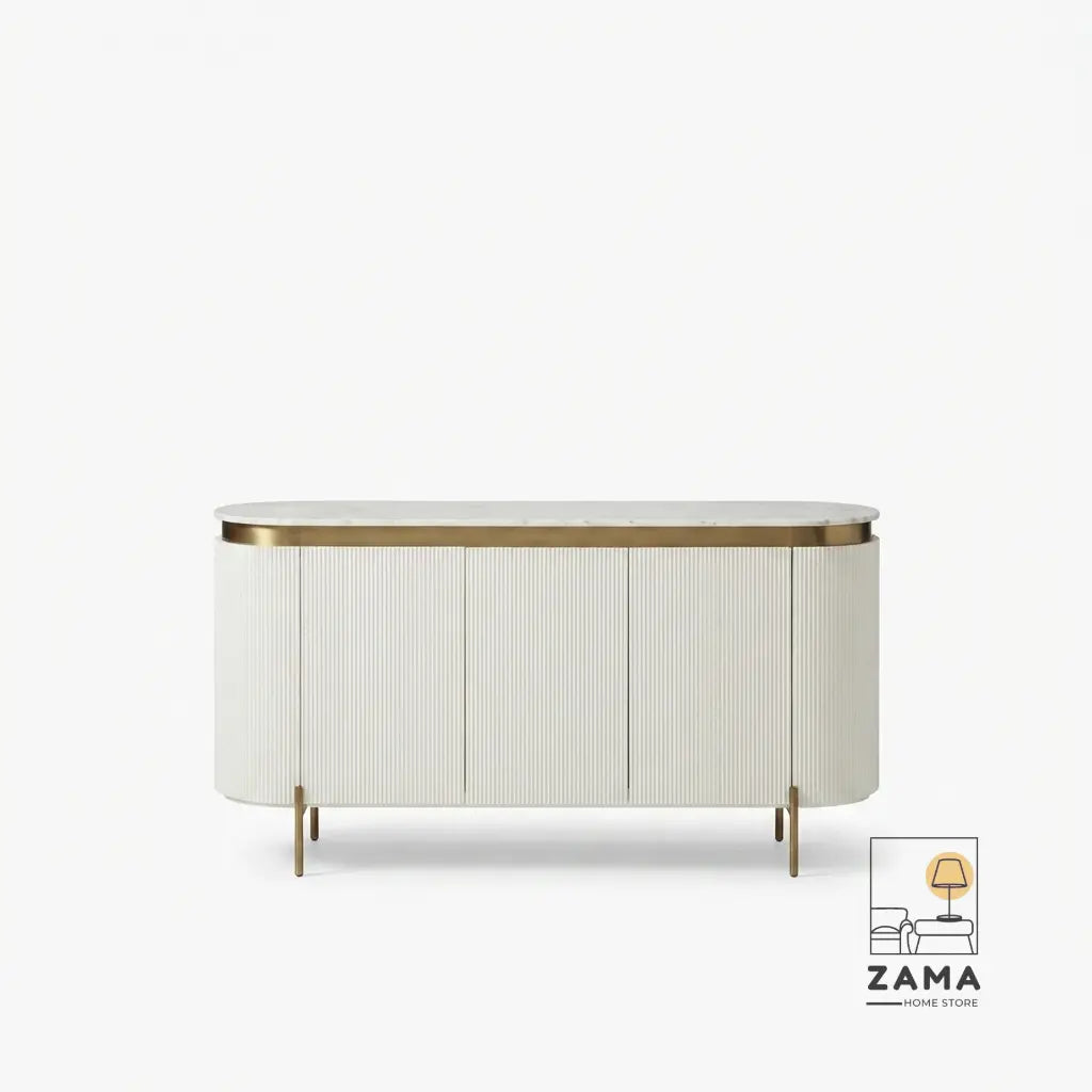 Clean studio view of the white fluted credenza showing slim metal legs.