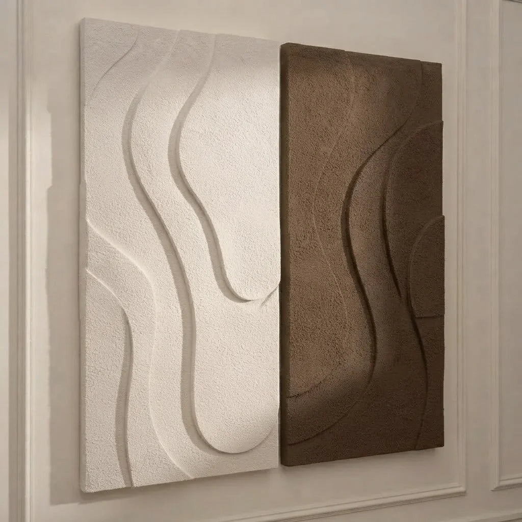BOUCLE FLOW Wall Art showing 3D textured white and brown panels at an angle.