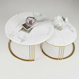 Two marble coffee tables with gold legs on a light gray background