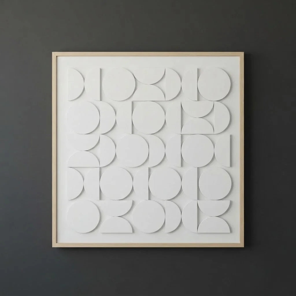 CERCLE Wall Art with white 3D circles and semi-circles in a light wood frame.