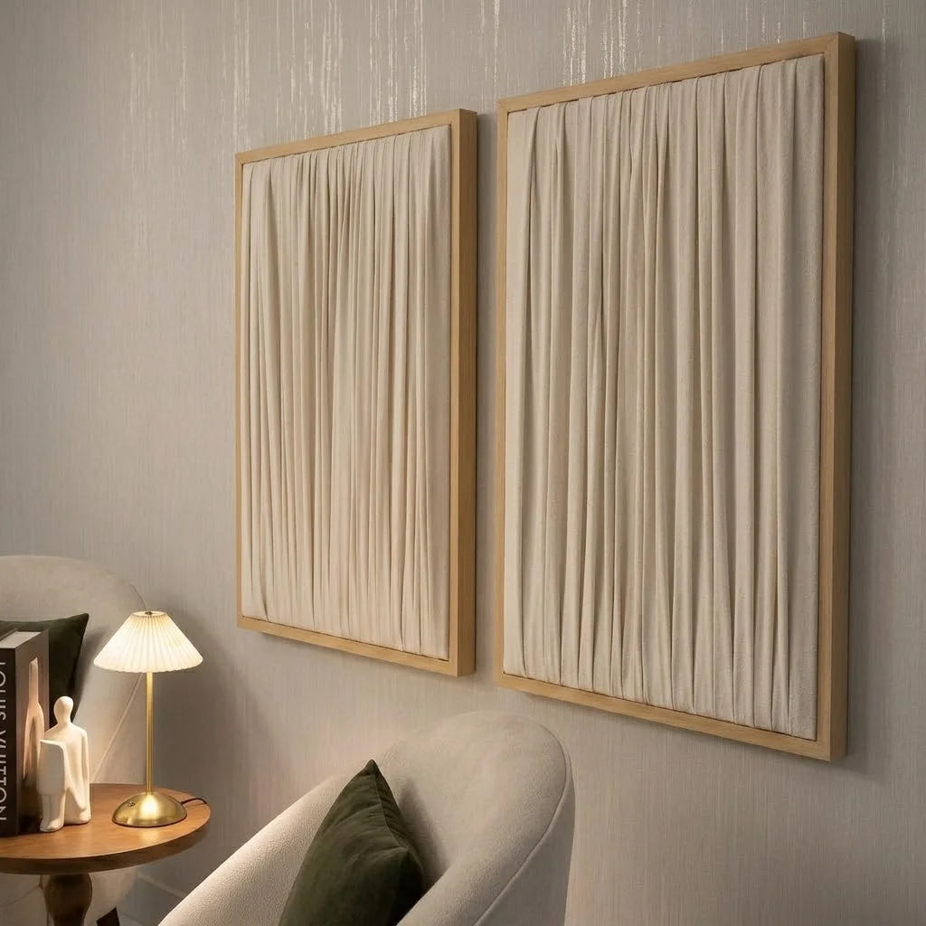 Angled view of ETOFFE Wall Art showing the soft textured pleats above a living room table.