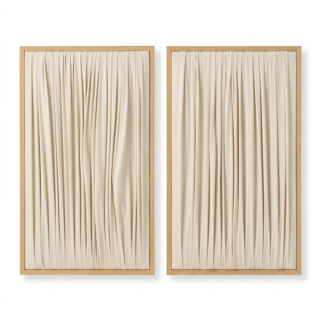 ETOFFE Wall Art set featuring beige textured fabric panels in natural wood frames.