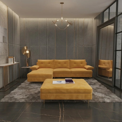 Golden Velvet L-Shape Sofa with ottoman in a modern living room front view
