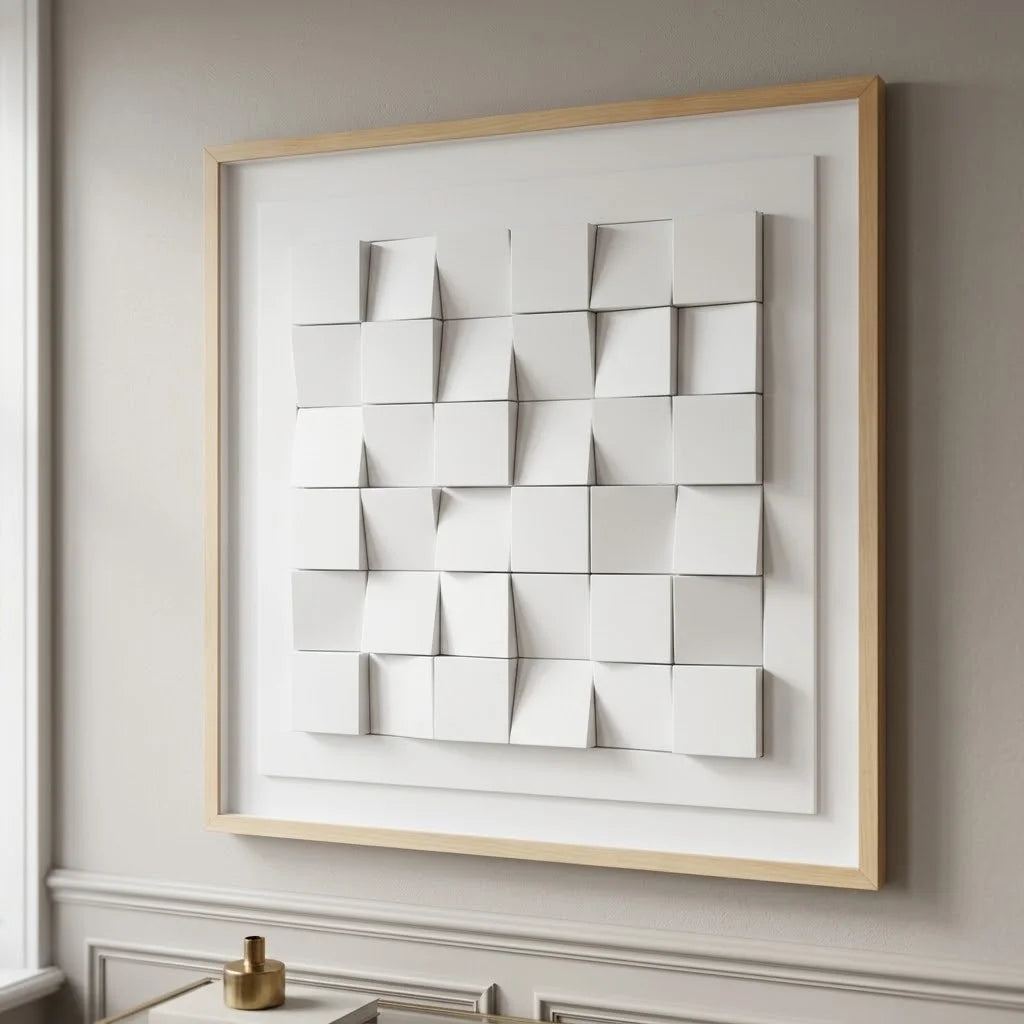 Luxora Grid Wall Art with white 3D blocks in a light wood frame, styled in a modern living room.