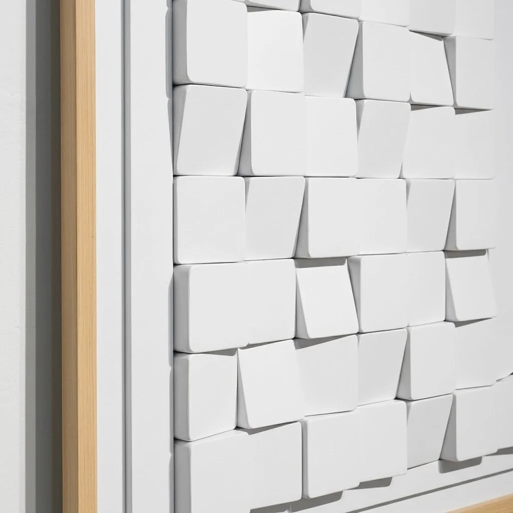 Close-up of Luxora Grid Wall Art showing the textured 3D white blocks and natural oak frame details.
