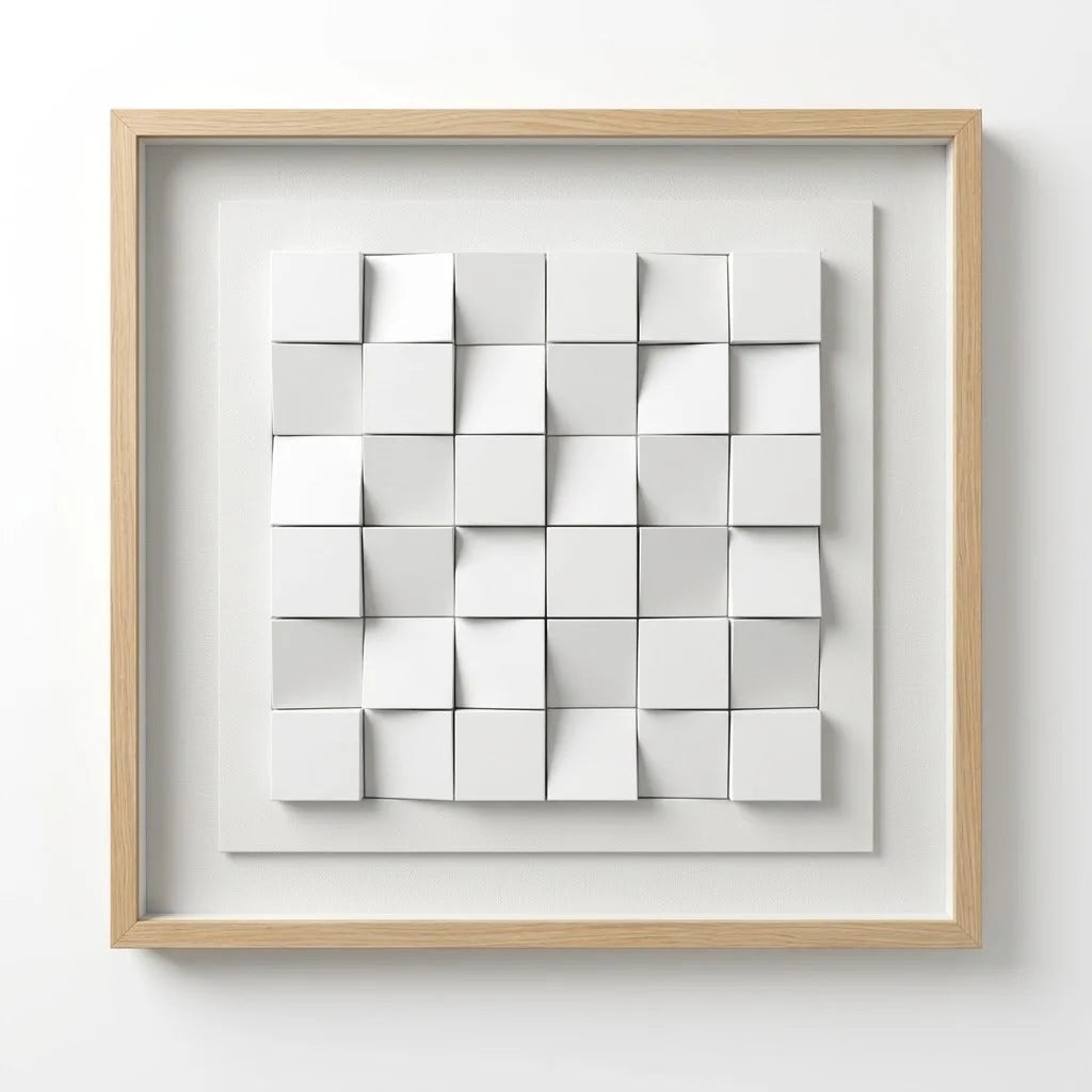 Front view of Luxora Grid Wall Art featuring a minimalist white geometric grid pattern in a wood frame.