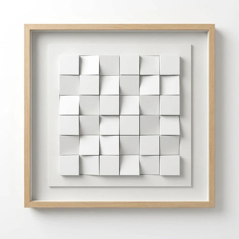 Front view of Luxora Grid Wall Art featuring a minimalist white geometric grid pattern in a wood frame.