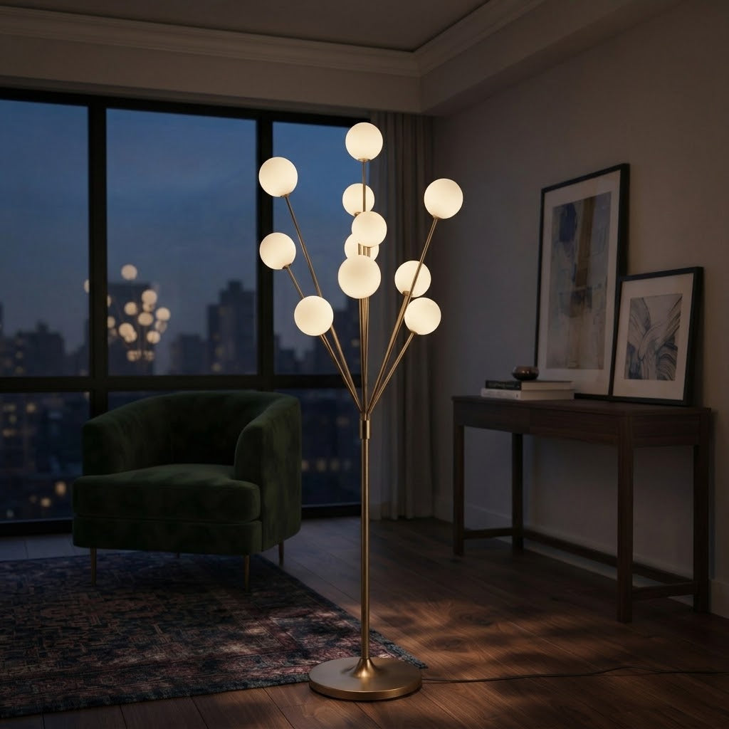 Warm ambient lighting from a multi globe floor lamp in a dark living room next to a window.