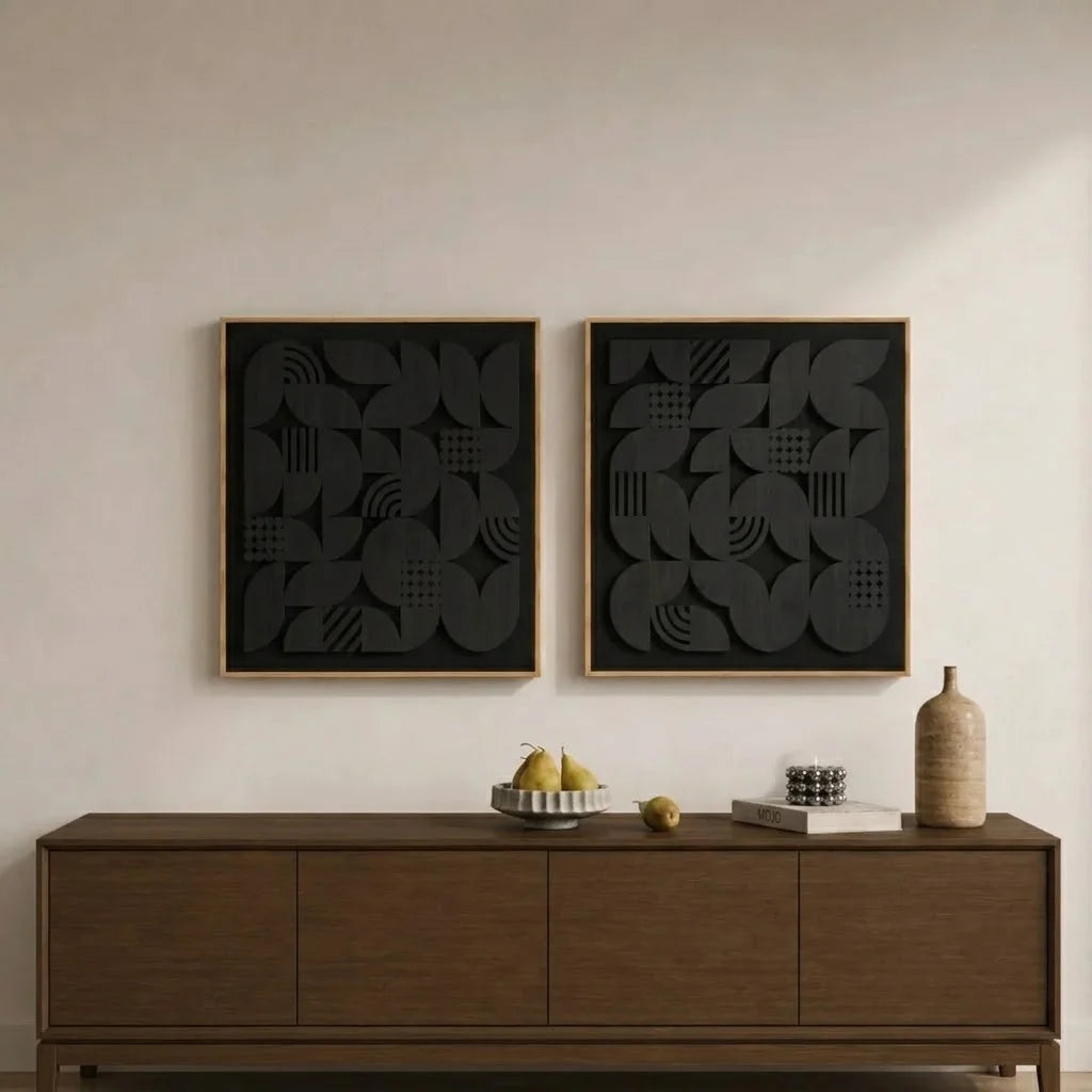 NERO Wall Art set featuring black geometric textured panels in natural wood frames.