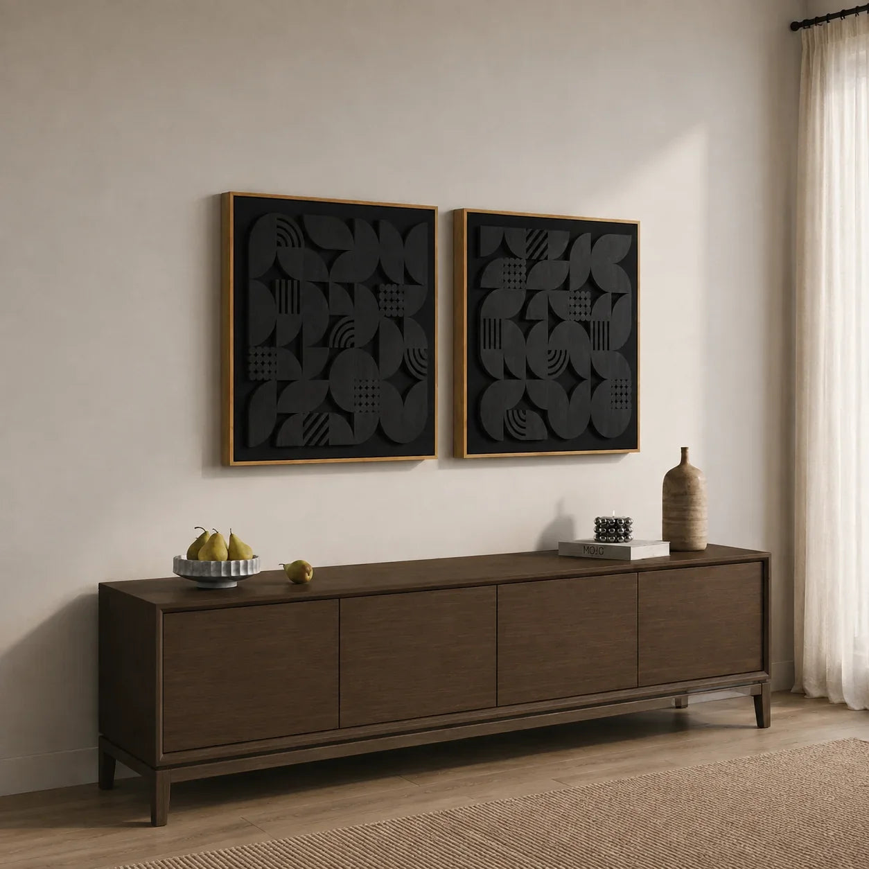 NERO Wall Art hanging above a wooden console table in a neutral minimalist living room.