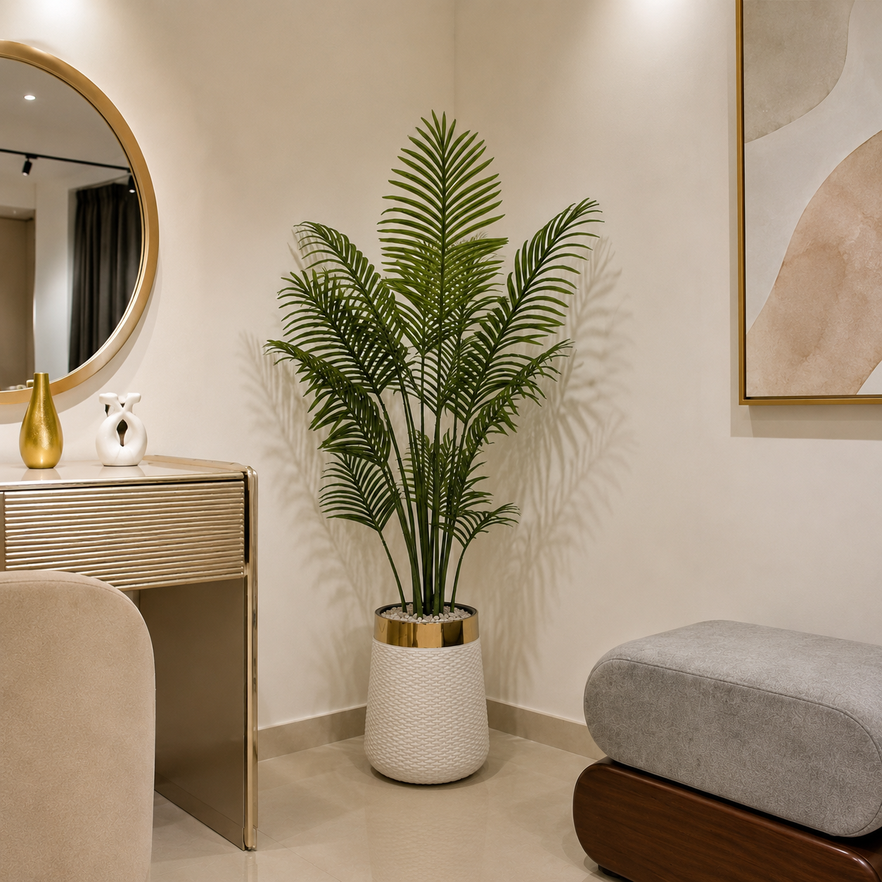 Artificial indoor palm tree with decorative planter