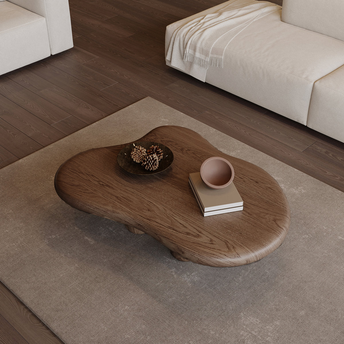 Wooden coffee table with decorative items in a living room setting