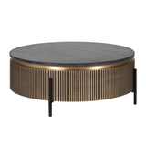 Round coffee table with bronze base and dark top on a white background