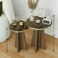 Two wooden side tables with decorative items and measurements on a wooden floor.