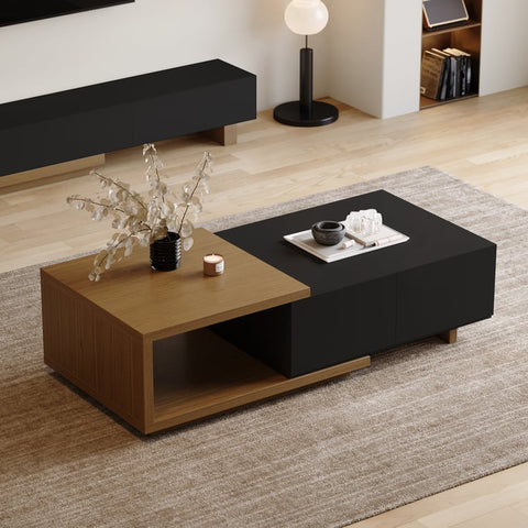 Modern coffee table with wooden and black design in a living room setting.