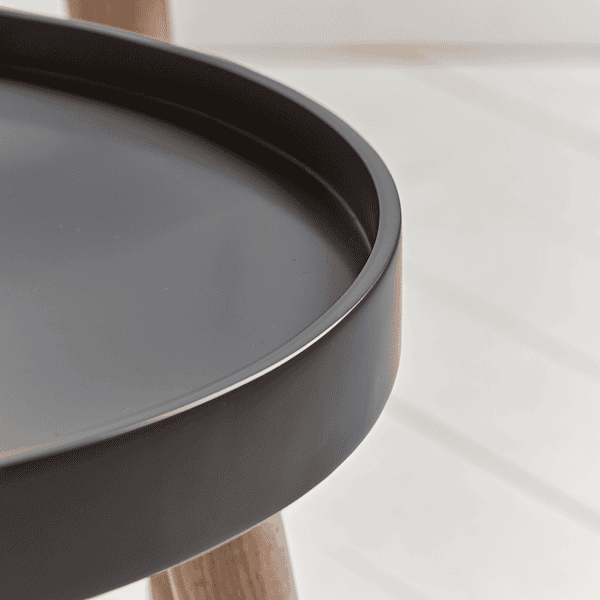 Close-up of a black round stool with wooden legs on a light background