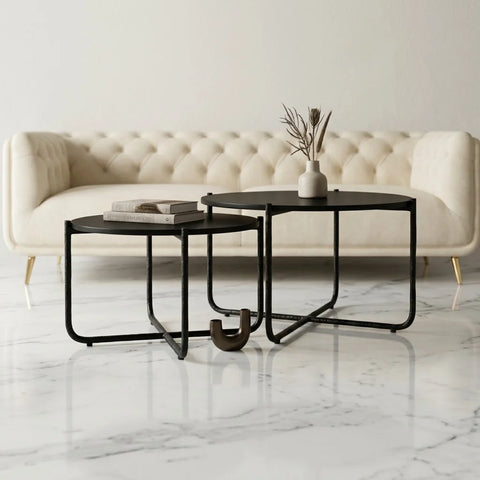 Black metal nesting coffee table set by Zama Home Store in a modern living room