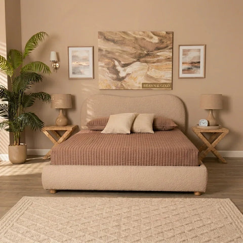 Beige Brosky king size bed by Zama Home Store in a modern bedroom with side tables