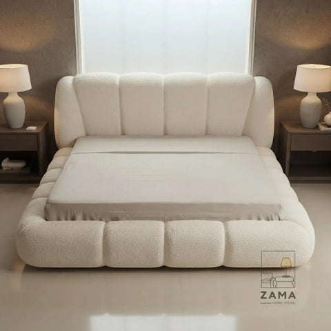 White Bubble Bed by Zama Home Store in a modern bedroom with side tables and lamps