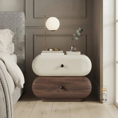 Nova capsule side table by Zama Home Store in cream and wood beside a bed