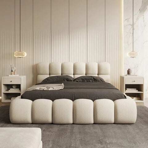 Front view of Romio boucle bed by Zama Home Store in a modern room with paneling